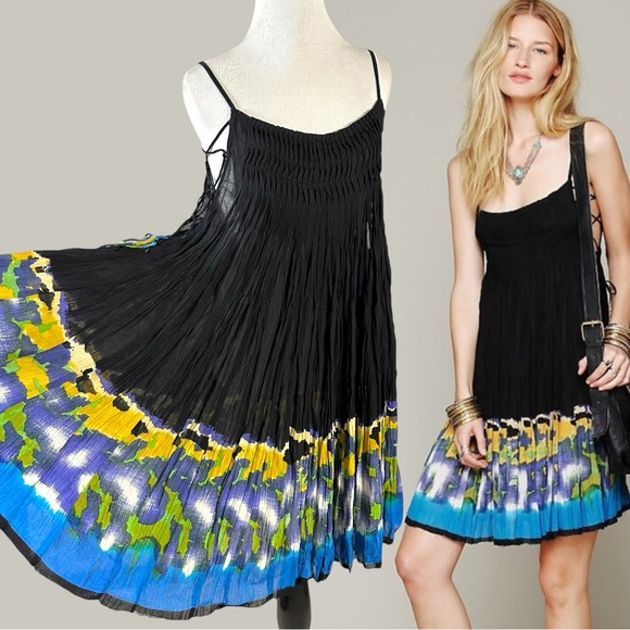 Free People FP One Lace Up Bohemian Beach Pintuck Summer Twirl Dress XS Black - Picture 1 of 12